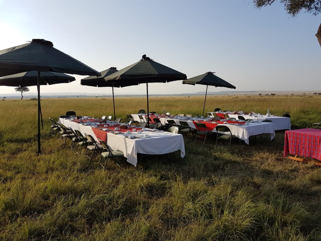 Champagne bush breakfast after a Masai Mara balloon safari
