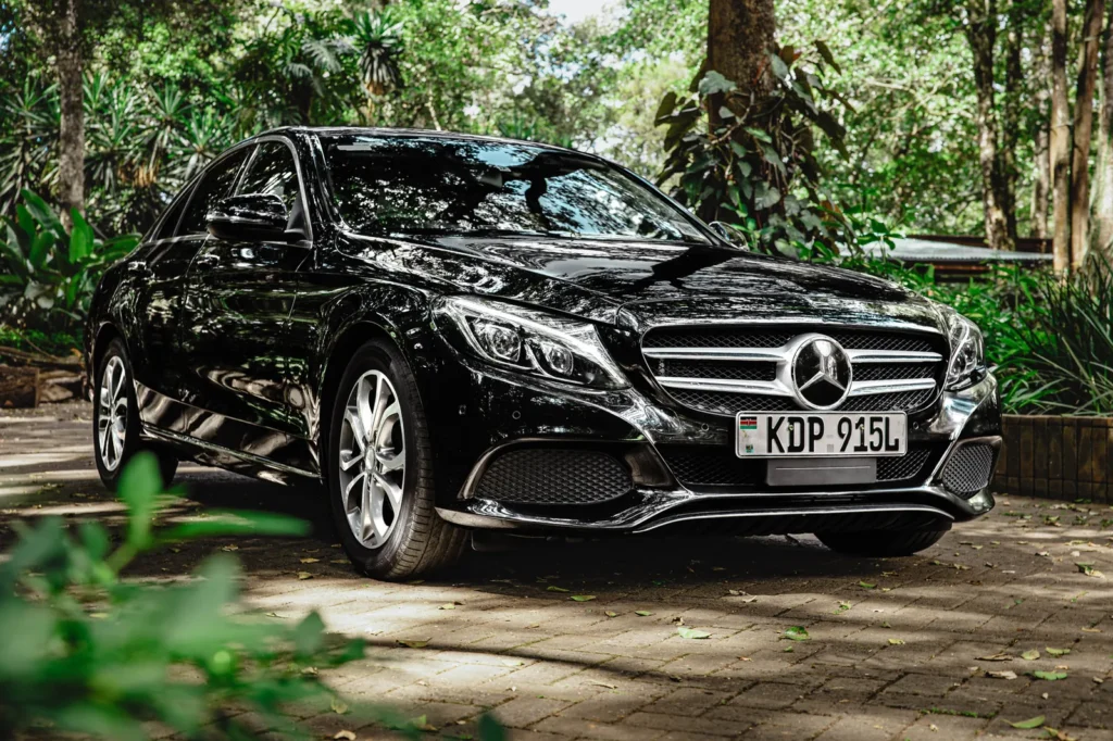 Front view of a black Mercedes-Benz executive saloon