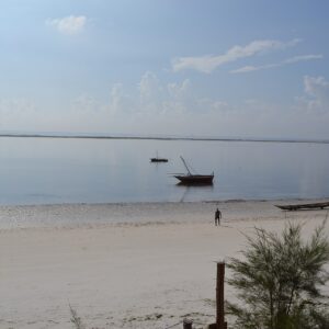 Nyali Beach from the Reef Hotel during high tide and still conditions in Mombasa, Kenya