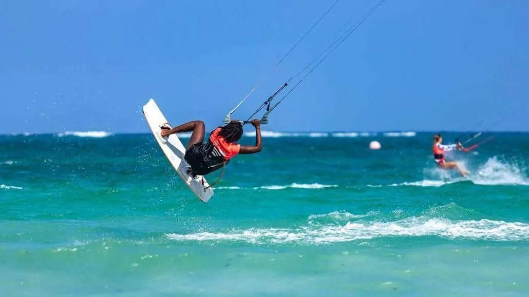 Kitesurfing off Diani Beach at The Sands at Nomad Beach Resort