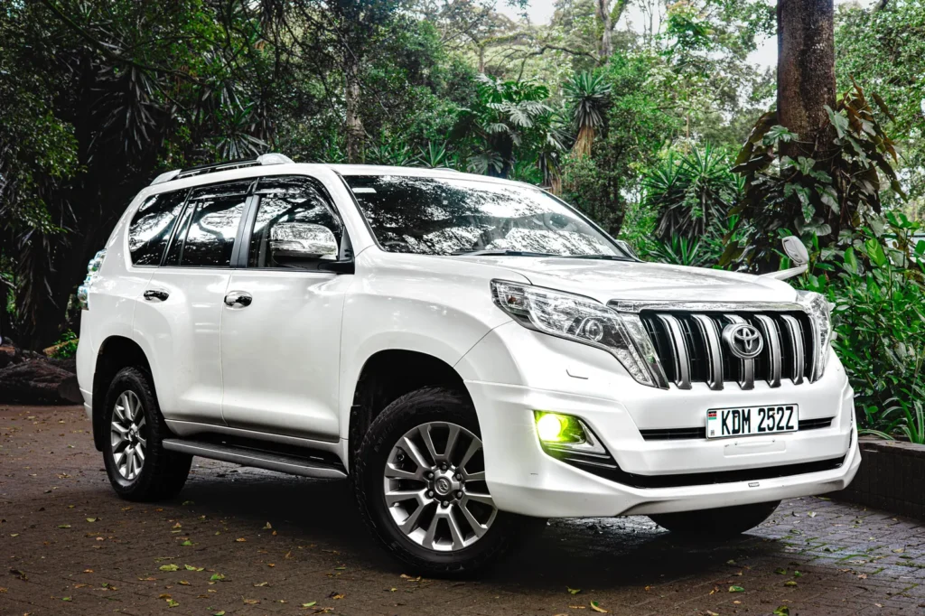 White Toyota Prado TX parked among trees